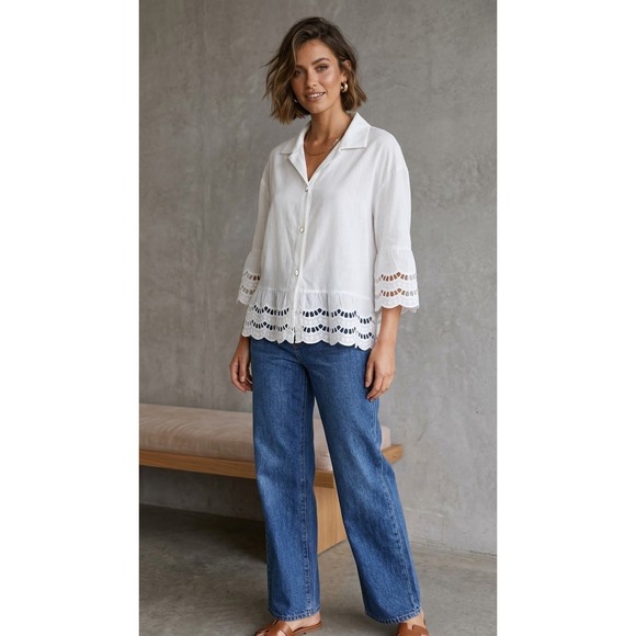 Tops - White Eyelet Lace Ruffle Hem Blouse 3/4 Sleeve Button Up Top Sz Medium
